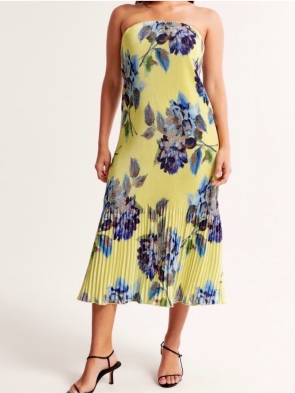 Abercrombie & Fitch Yellow Strapless Floral Pleated Midi Dress
